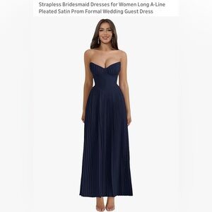 Strapless Bridesmaid Dress Long A-Line Pleated Satin Prom Formal Wedding Guest
